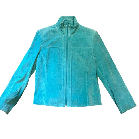 Vtg Yvonne Le Marie Teal Suede Genuine Leather Jacket Size 8 Zip up Lined - Picture 2 of 10